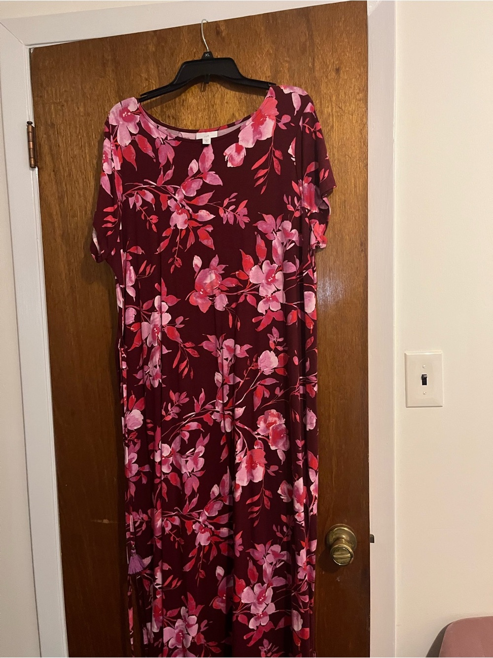 J. Jill Burgundy Maxi Dress with Pink Floral Print